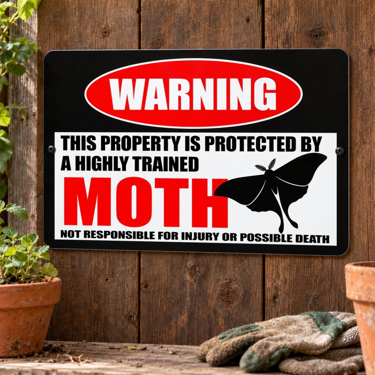 Moth metal warning sign stating the property is protected by a highly trained moth and not responsible for injury or possible death