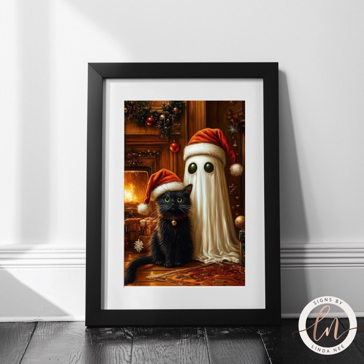 Witchy Christmas wall art of a black cat and ghost beside a festive hearth