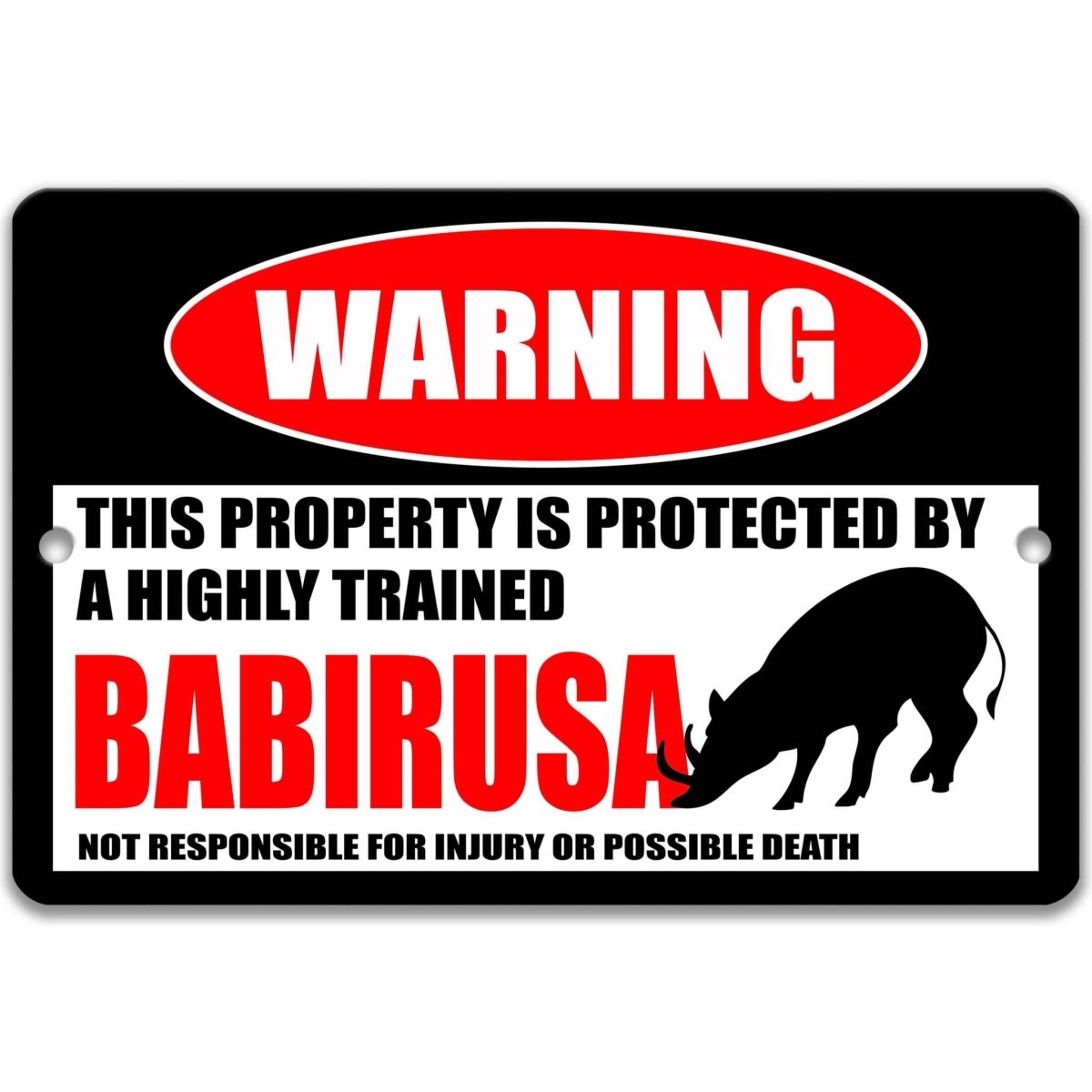 Babirusa wild pig warning metal sign, glossy black, red WARNING oval and curved-tusk babirusa silhouette