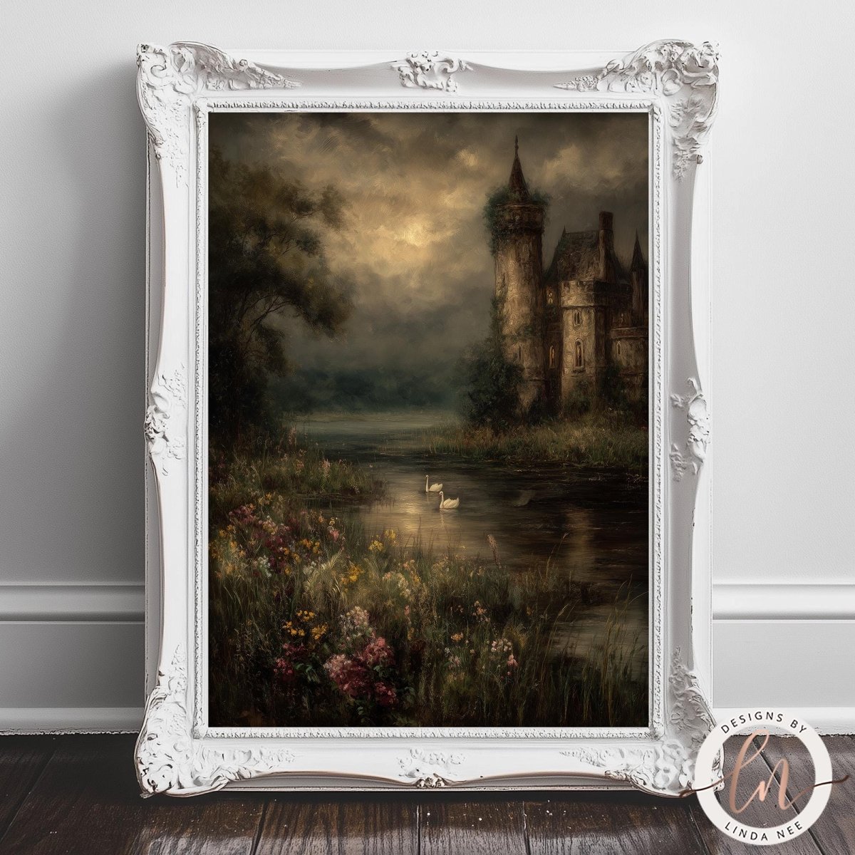 A painting of a castle surrounded by a moat, with swans floating on the water and a cloudy sky above.