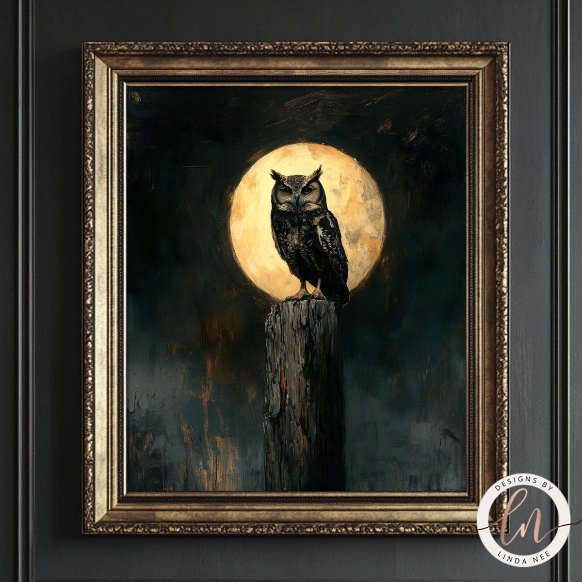 A framed painting depicting an owl perched on a wooden post, with a full moon in the background.