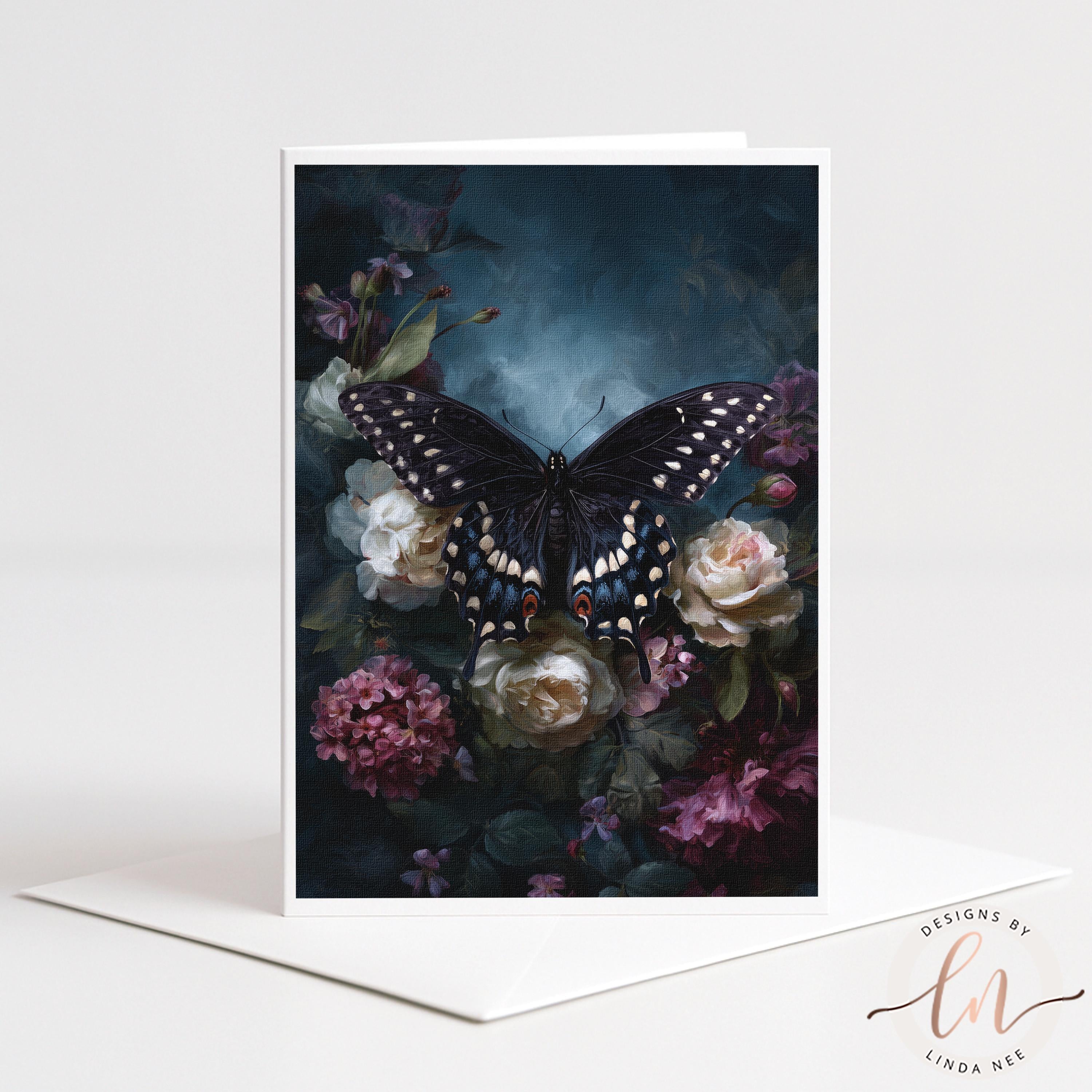 A black butterfly with white spots rests on a bouquet of pink and white flowers against a dark background.
