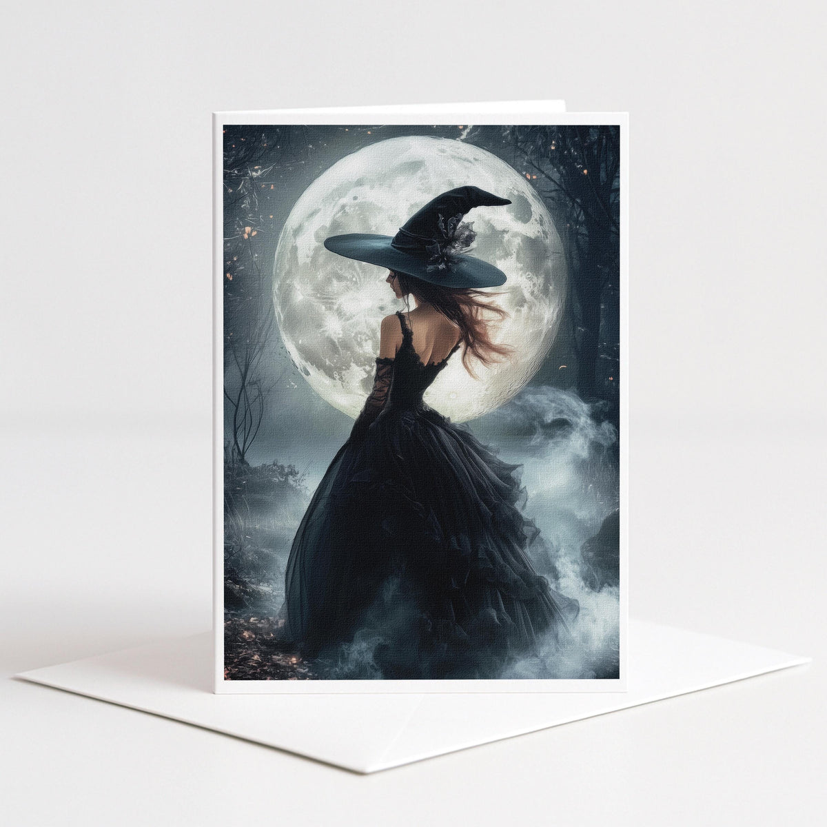 Witch in a black gown before an enormous full moon in mist, 5x7 blank note card