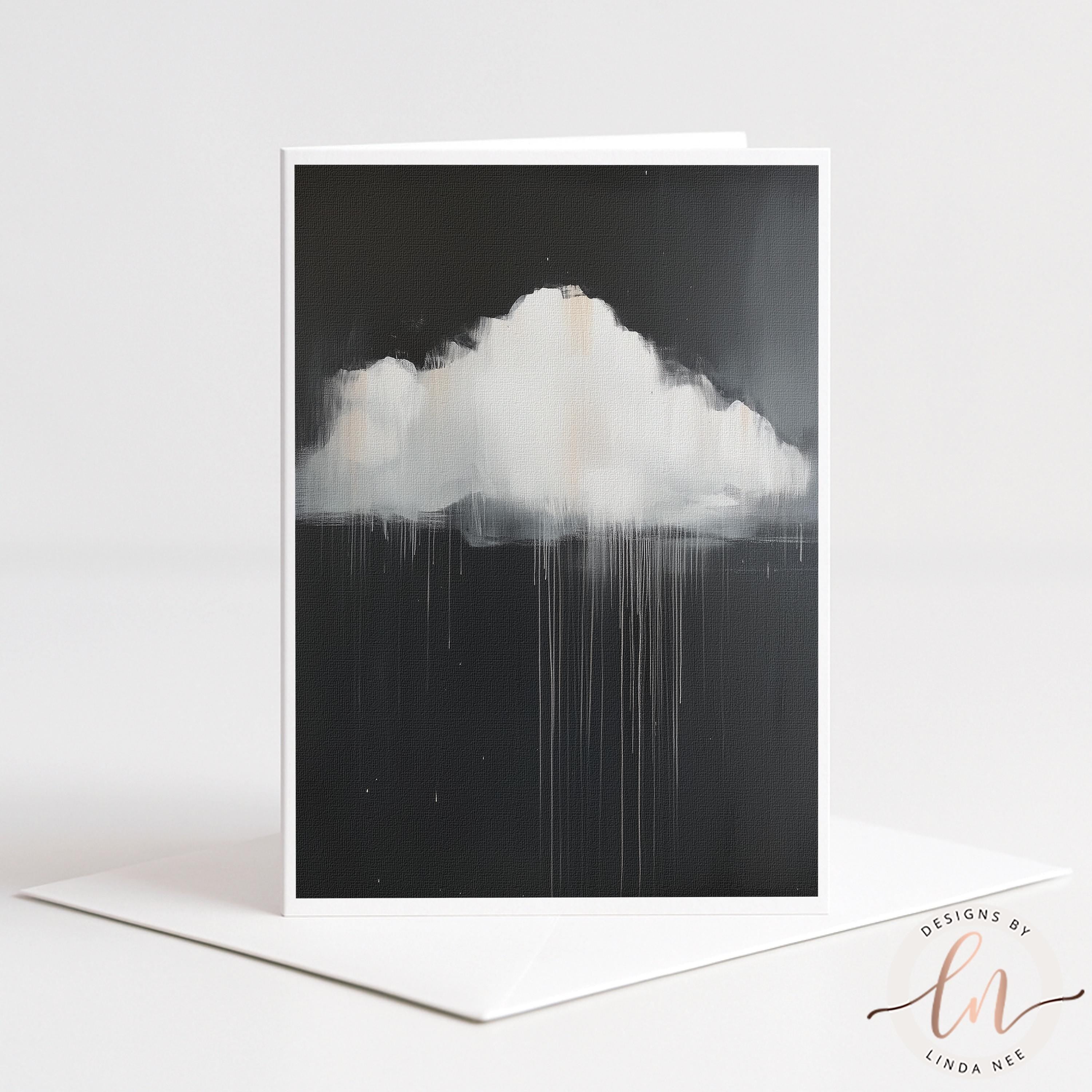 The image is a black and white photograph of a cloud with dripping or dripping lines, creating a sense of movement and energy.