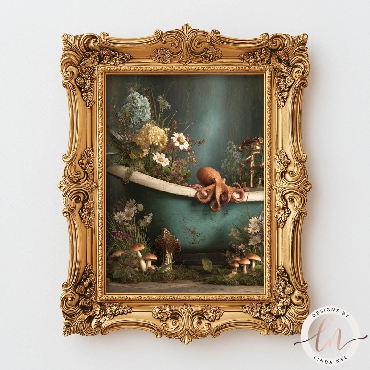 The image is a framed painting depicting an orange octopus sitting in a bathtub filled with flowers and mushrooms, surrounded by a lush green garden.
