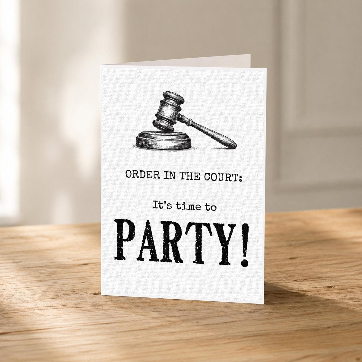 Close-up of the Order in the Court Funny Birthday Card showing the detailed gavel illustration.