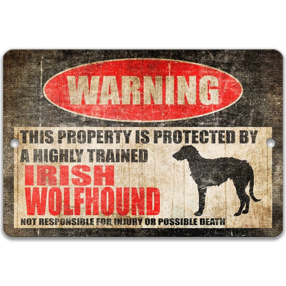 Irish Wolfhound warning sign, red WARNING oval, this property is protected by a highly trained Irish Wolfhound, with Irish Wolfhound dog silhouette