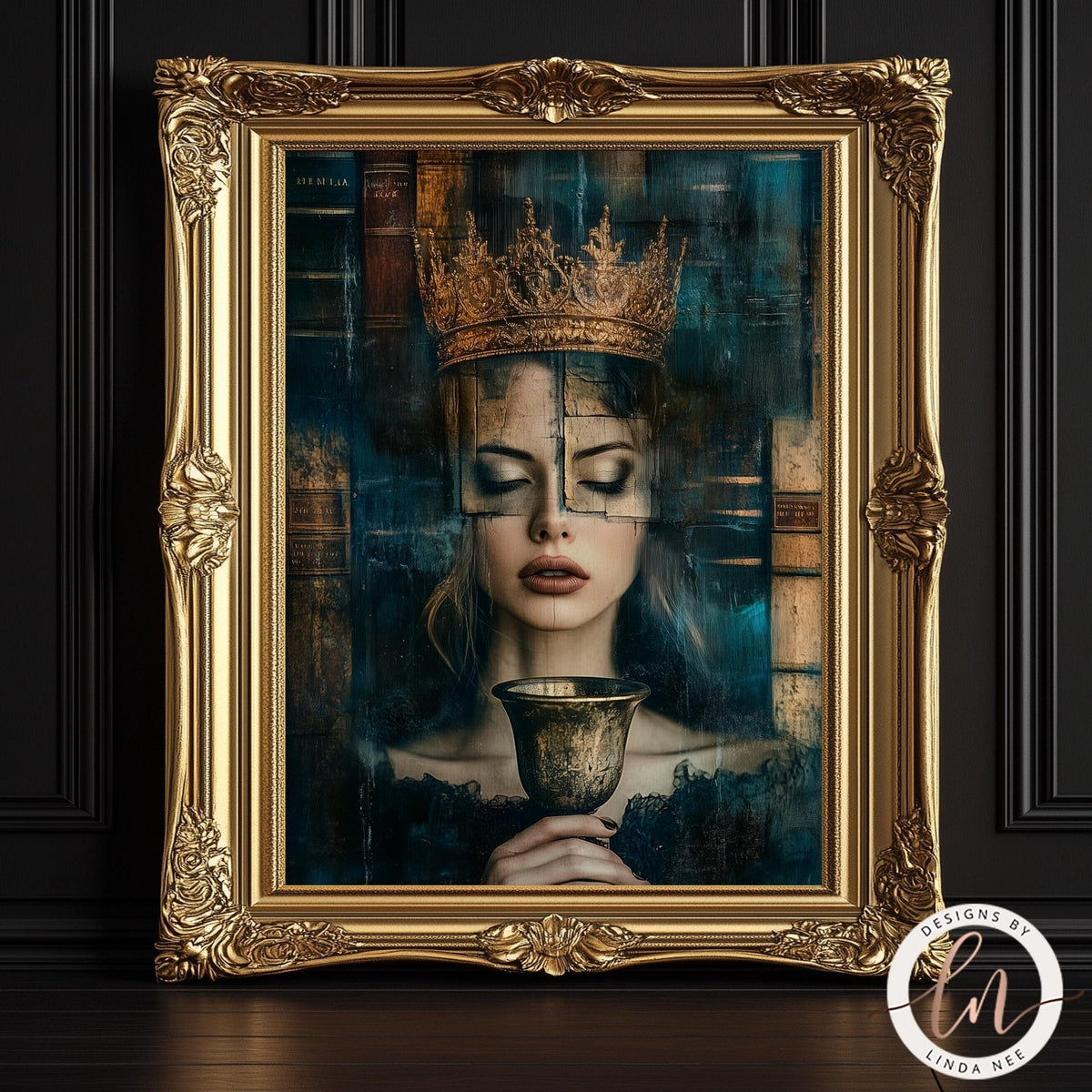 The image is a framed artwork depicting a woman wearing a crown and holding a chalice, with a dark, moody background.