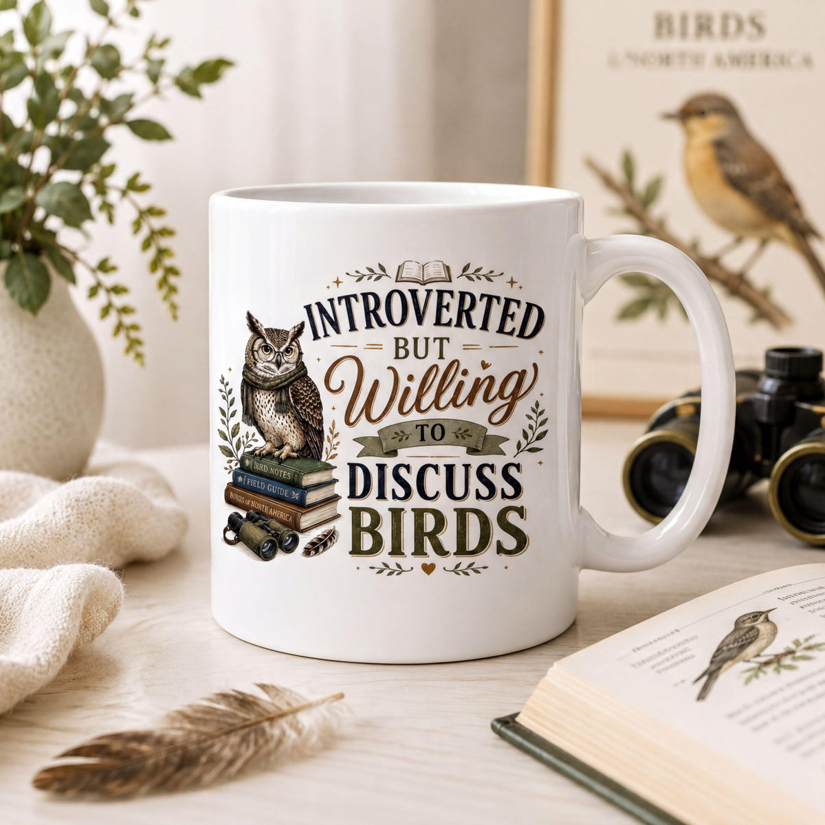 Bookish owl mug on a cream table with a feather, binoculars, an open bird book and a framed songbird print