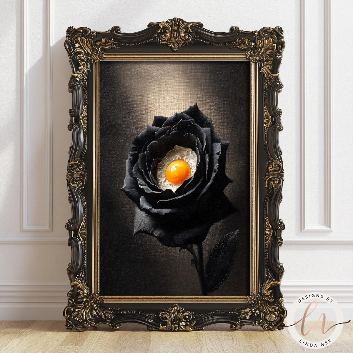 a black rose with an egg yolk in the center, displayed in an ornate gold frame.