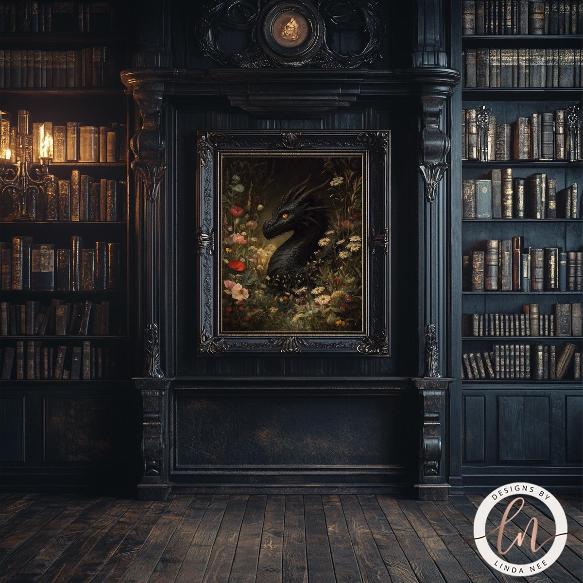 a dark, ornate room with a large bookshelf filled with books, a framed painting of a dragon, and a chandelier hanging from the ceiling.