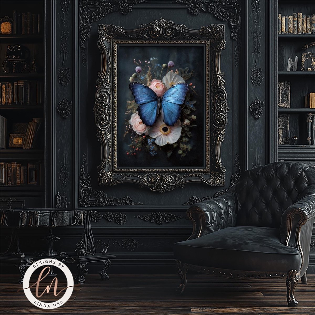 a large, ornate frame with a blue butterfly and pink flowers, hanging on a dark wall in a room with a black leather chair and a bookshelf.