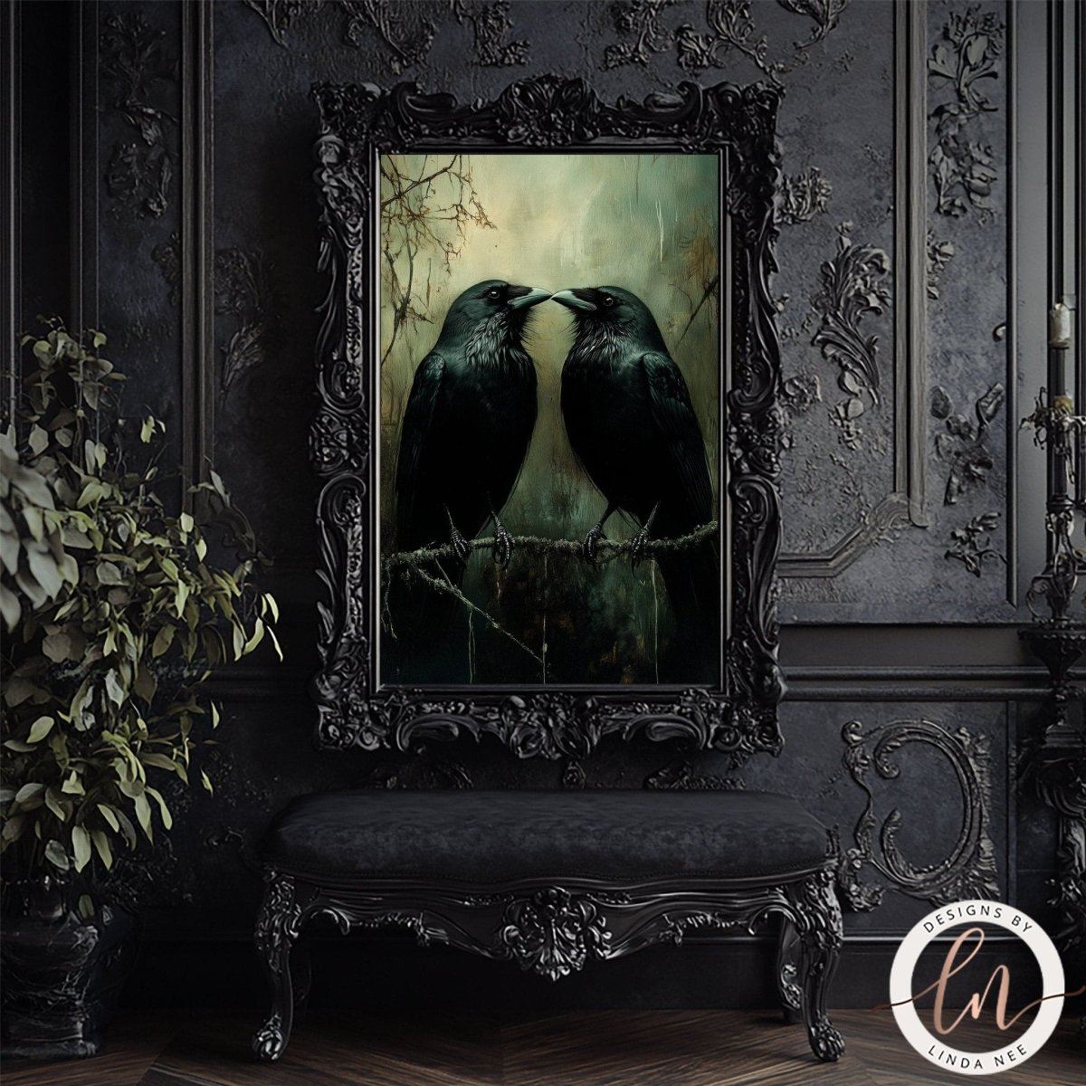 Close up of two ravens perched together with depth and shadow