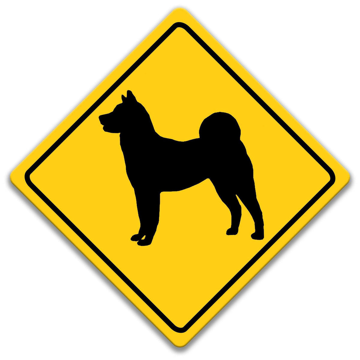 A yellow diamond-shaped sign with a black silhouette of a dog in the center.