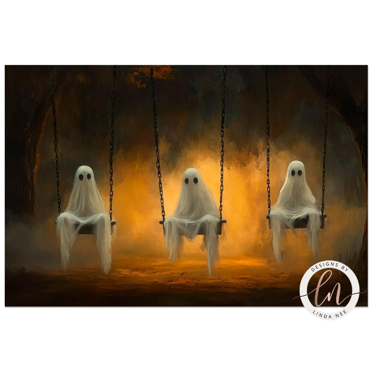 three ghostly figures sitting on swings suspended in a dark, foggy forest.