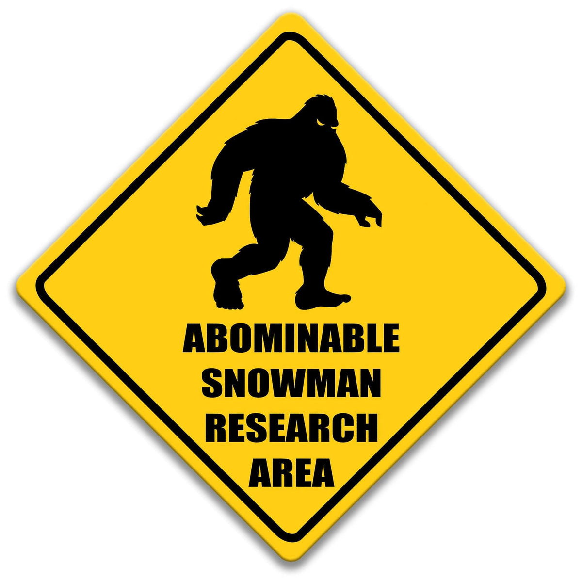 a yellow diamond-shaped sign with a silhouette of a snowman and the text "ABOMINABLE SNOWMAN RESEARCH AREA" written below it.