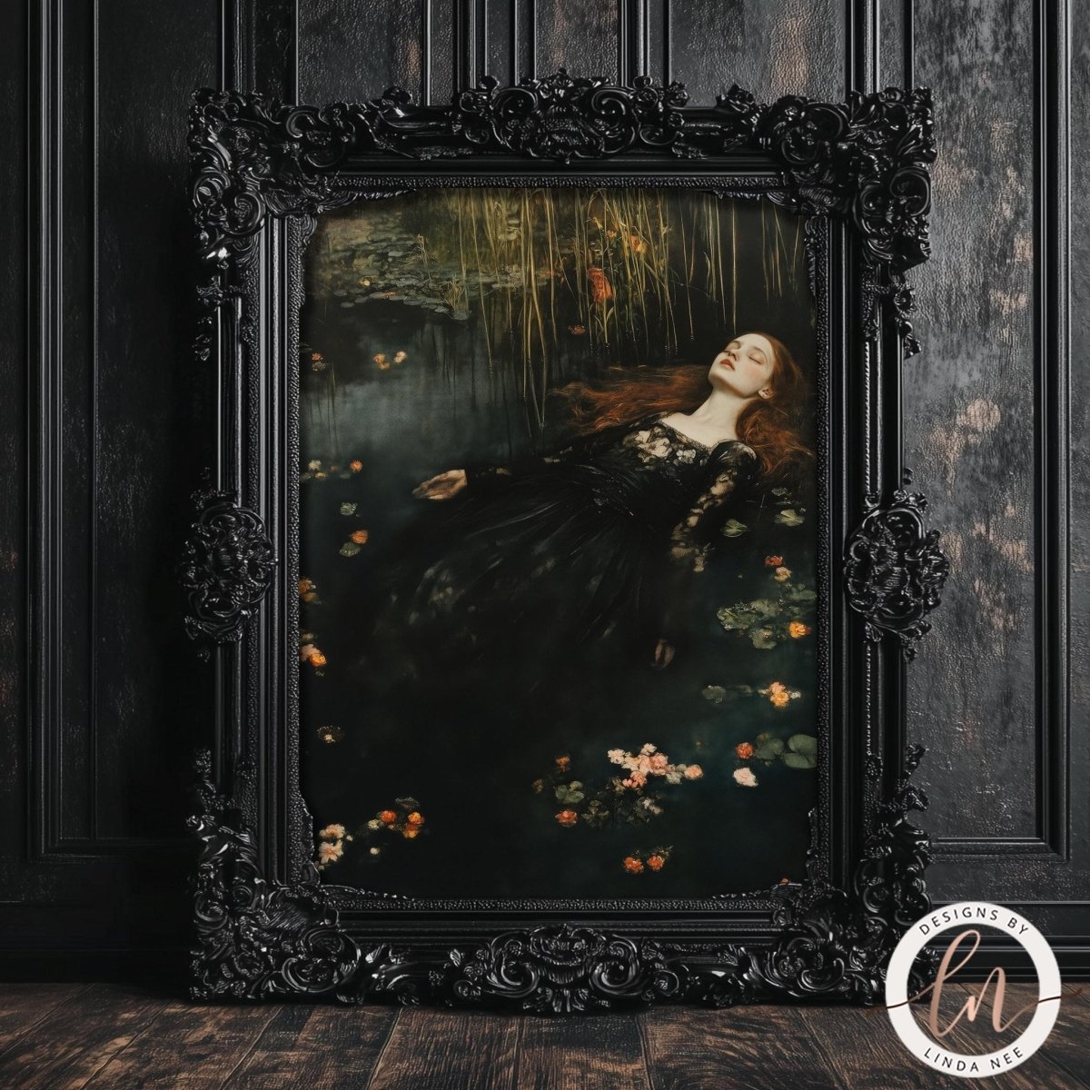 The image is a framed painting depicting a woman in a black dress lying in a pond surrounded by flowers.