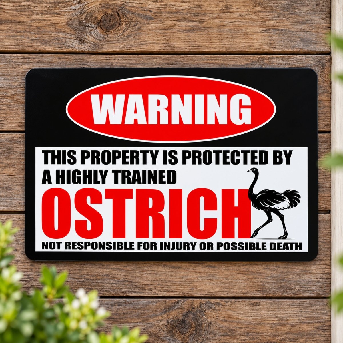 Highly trained ostrich warning sign with an ostrich on the design and a not responsible for injury or possible death line