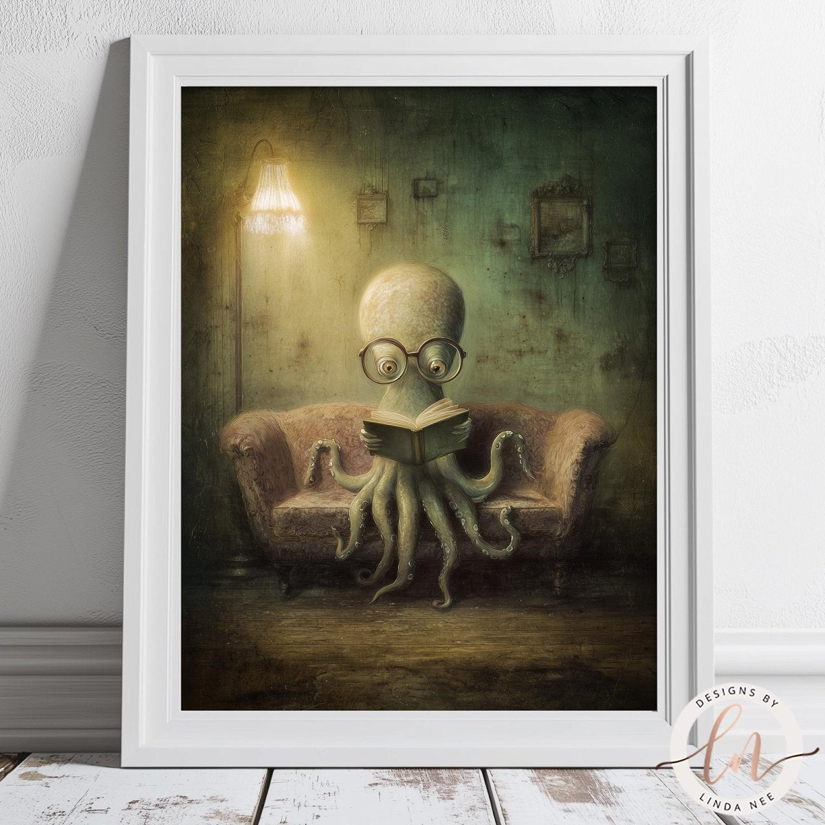 An octopus wearing glasses is sitting on a couch, reading a book in a dimly lit room with a lamp and a green wall in the background.