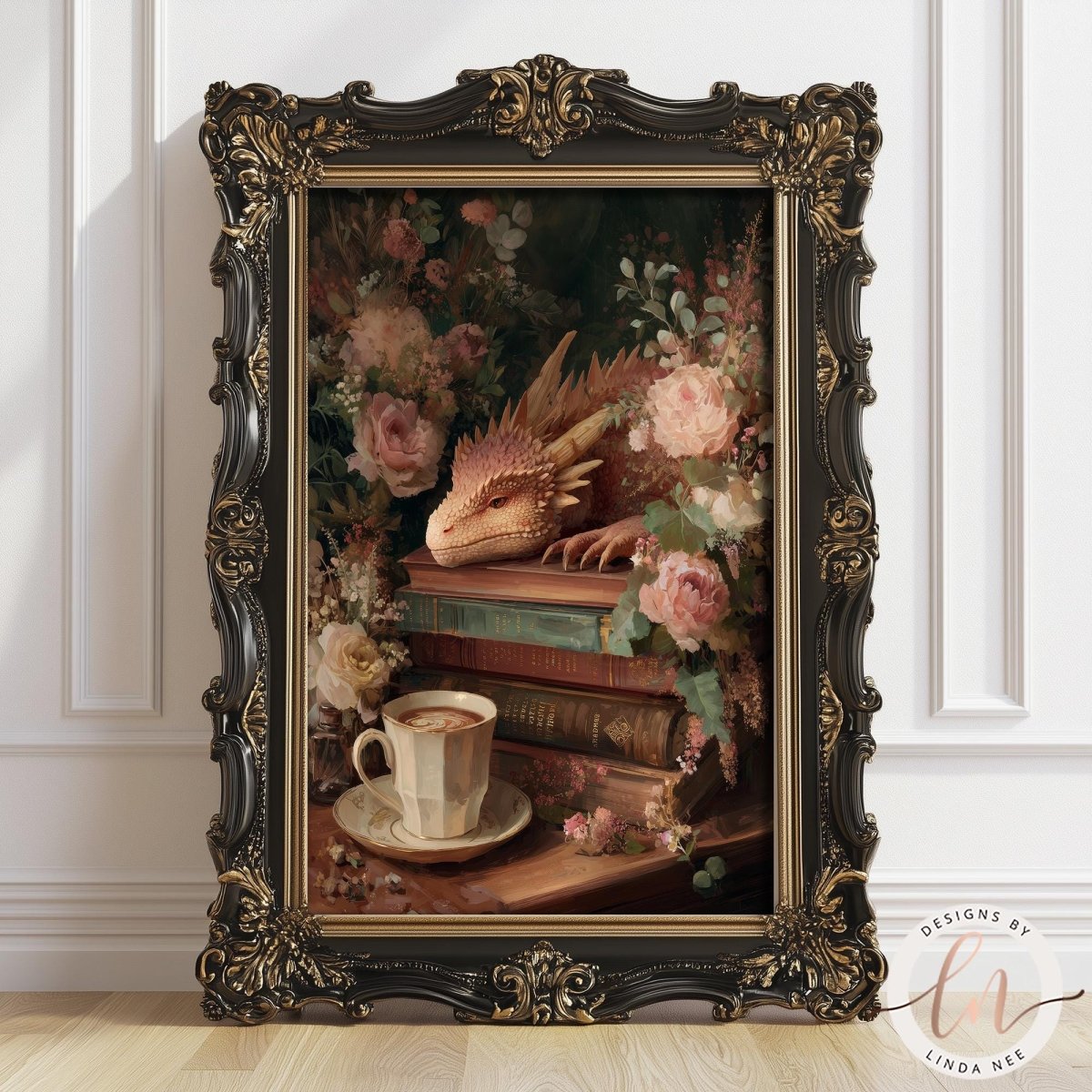 A framed painting depicting a dragon resting on a stack of books, surrounded by flowers and a cup of tea.