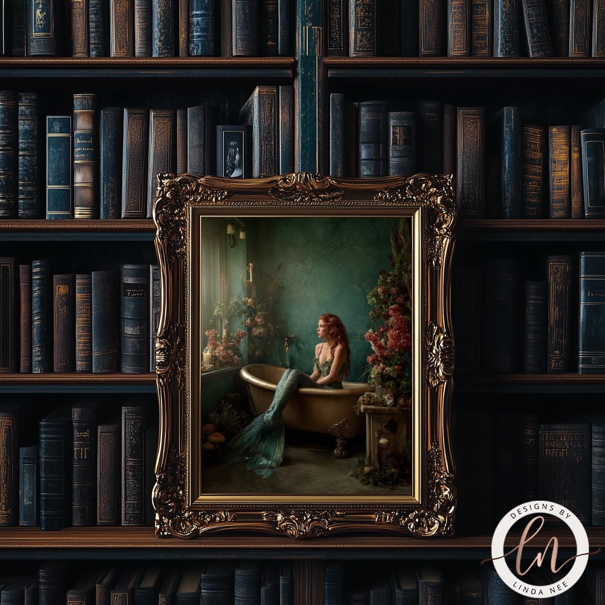 A framed painting of a mermaid sitting in a bathtub, surrounded by flowers and plants, is displayed in a room filled with bookshelves.