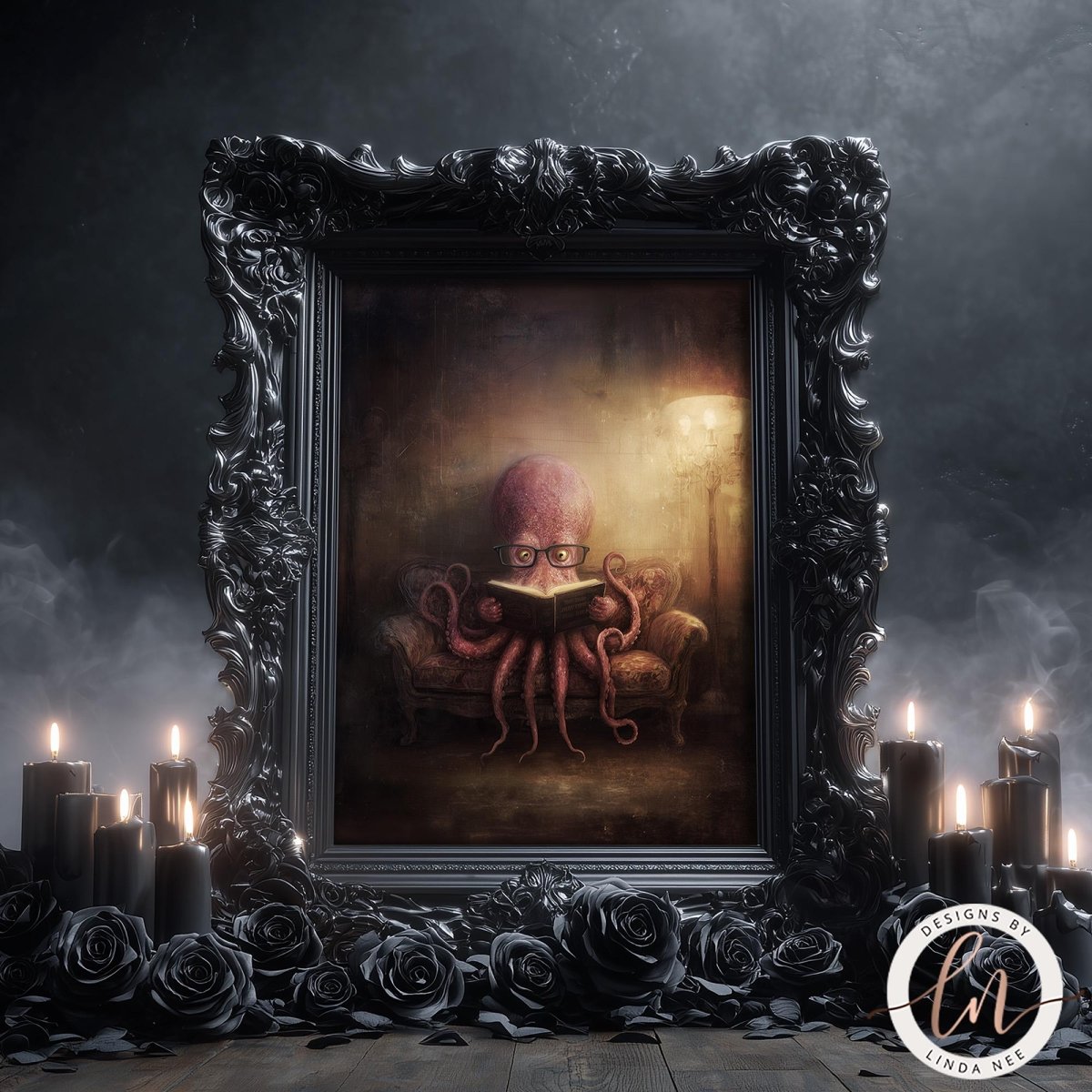 an octopus sitting on a couch, reading a book, surrounded by candles and roses.