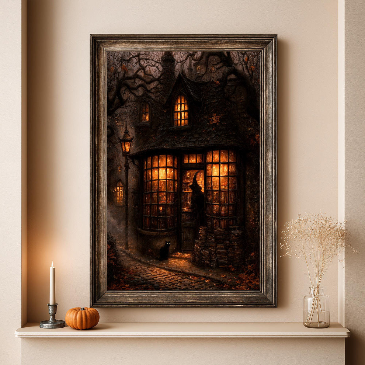 Full artwork view of the glowing bookshop front with the black cat on the steps