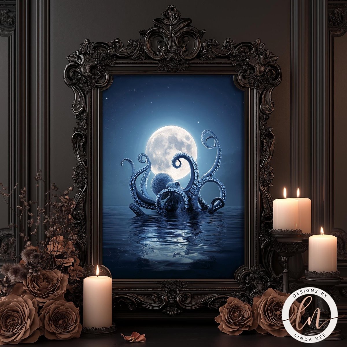 an ornate, dark frame surrounding a large, illuminated moon in the night sky, with a large, blue octopus-like creature emerging from the water below. The scene is set against a dark background, creating a mysterious and enchanting atmosphere.