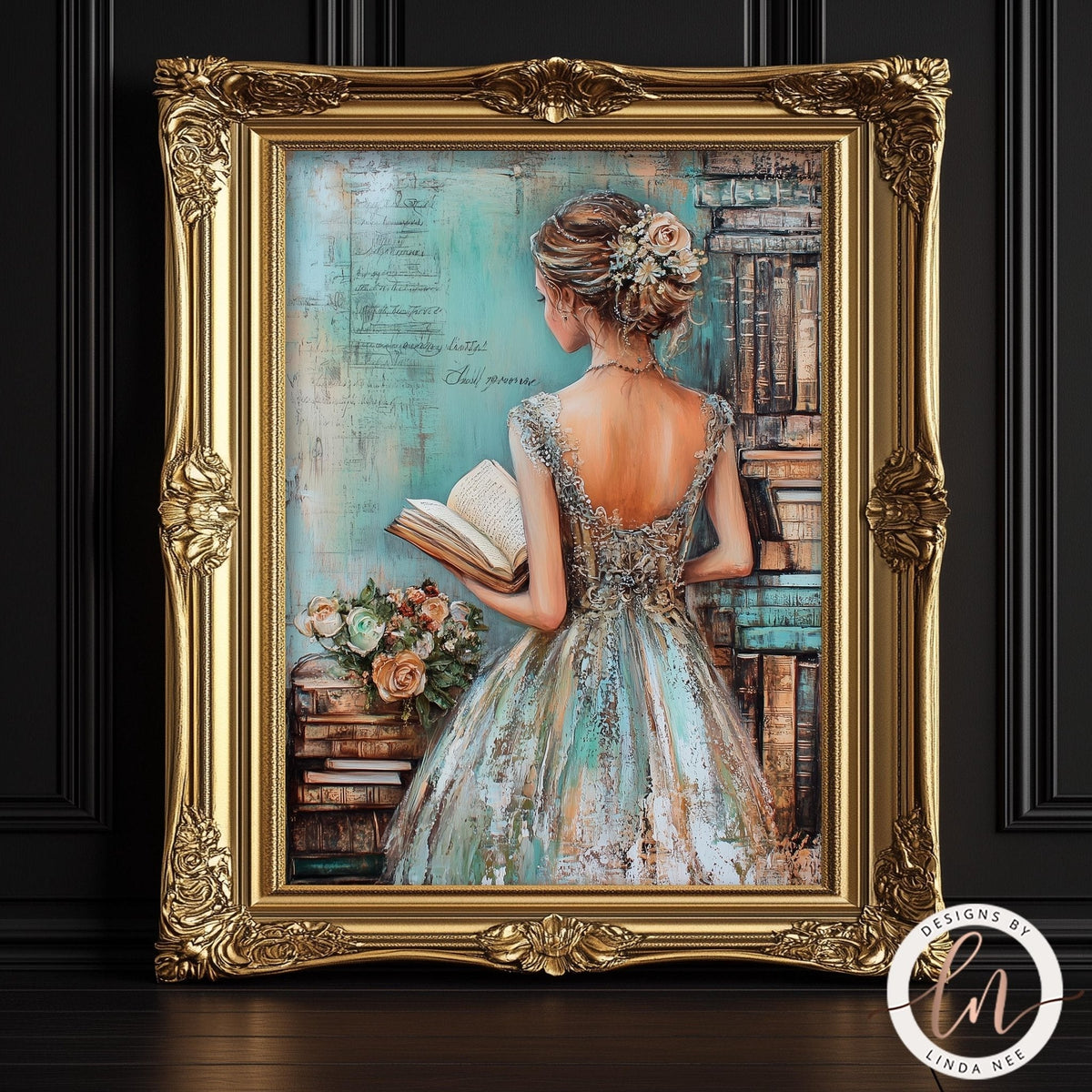 The image is a framed painting depicting a woman in an ornate dress holding a book and surrounded by bookshelves.