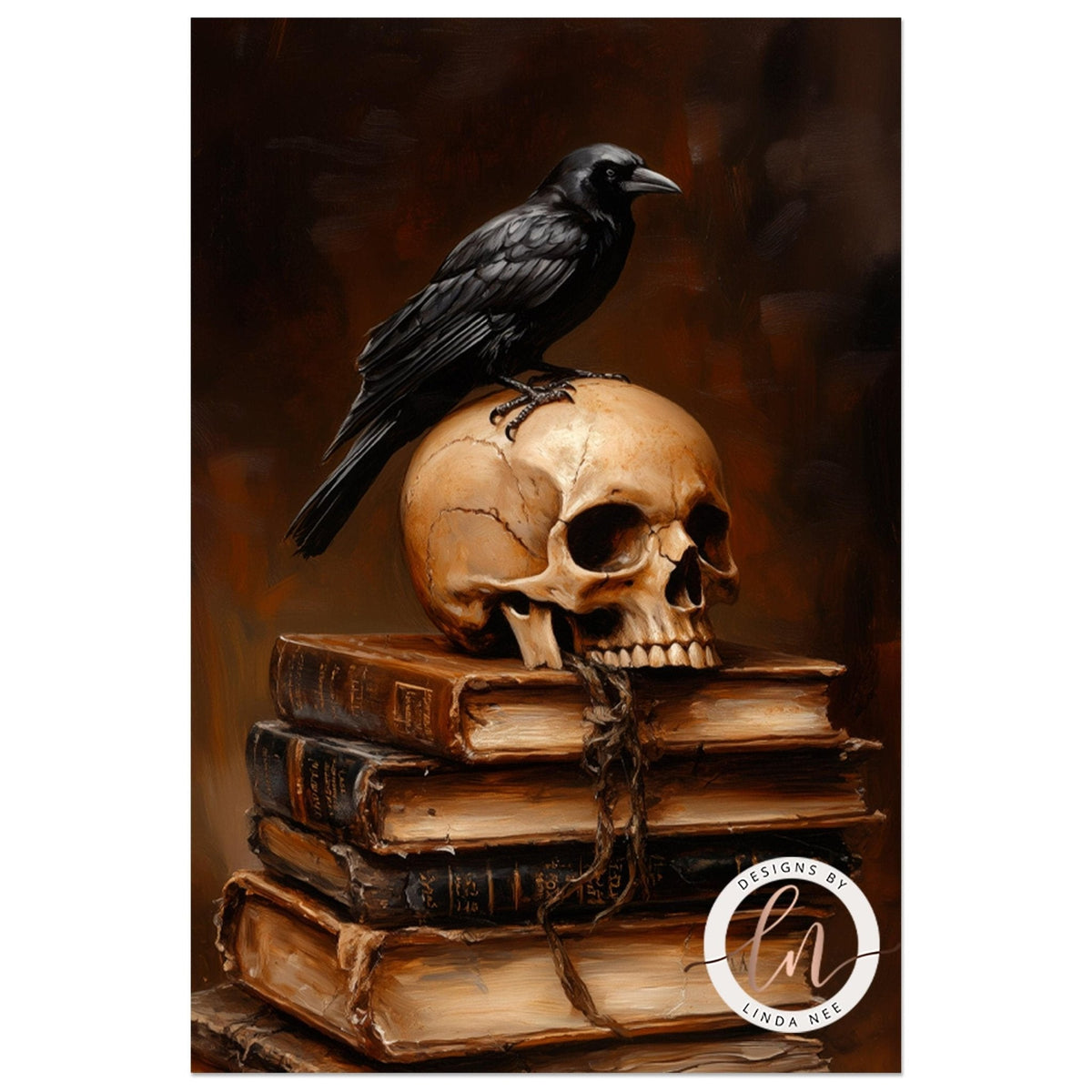 Raven and skull artwork resting on stacked antique books