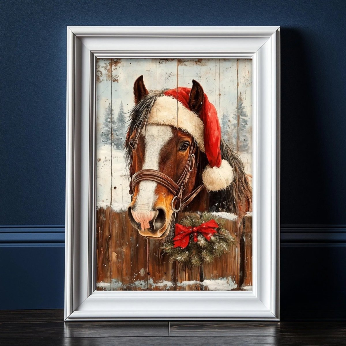 A framed painting of a horse wearing a Santa hat and a wreath, set against a snowy background.
