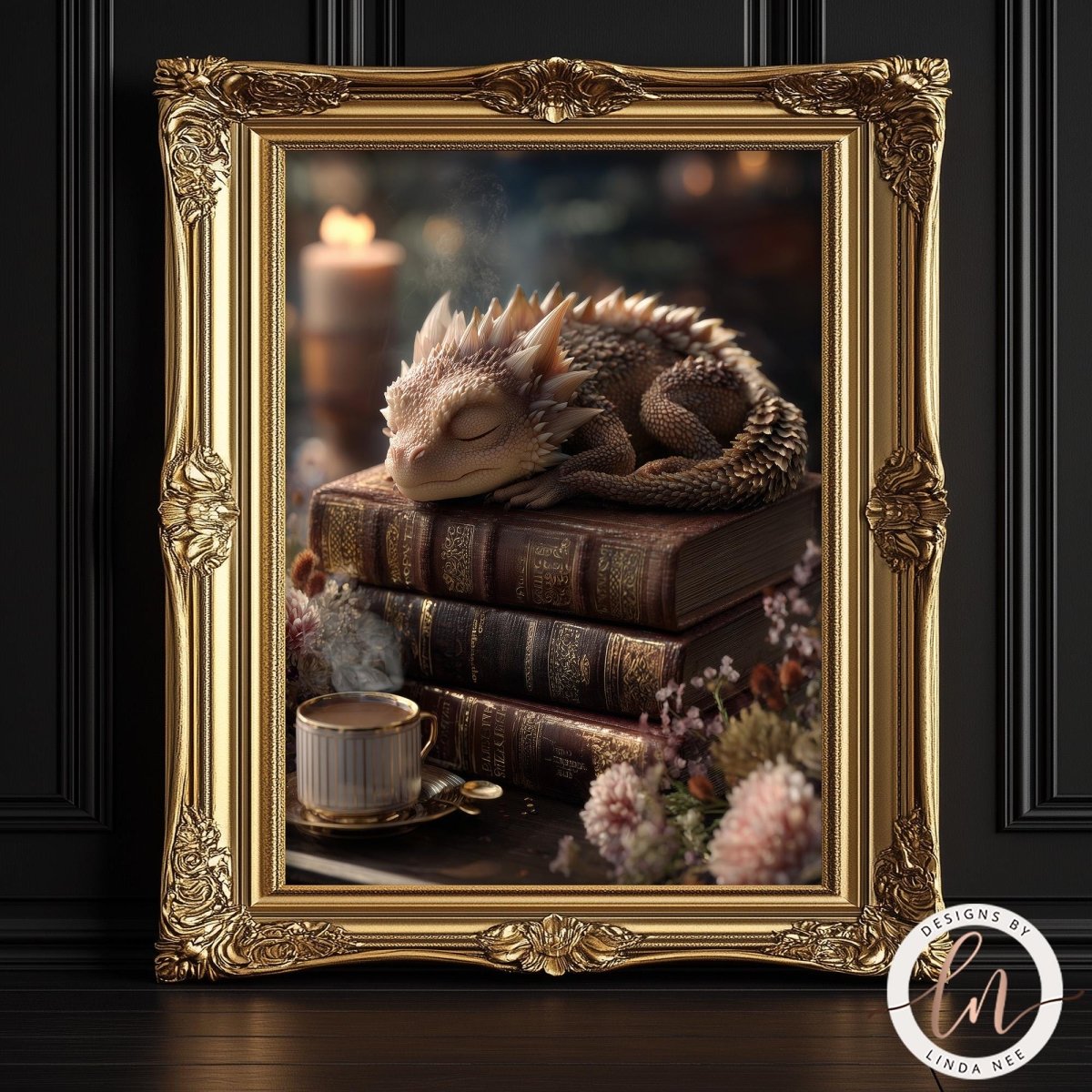 A golden ornate frame displays a sleeping dragon resting on a stack of books, with a cup of tea nearby.