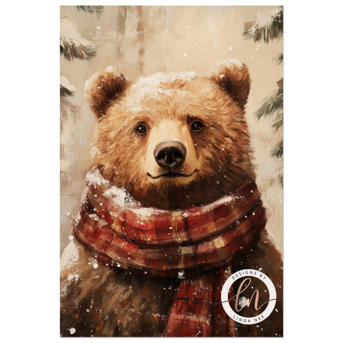 A close-up portrait of a brown bear wearing a red plaid scarf, set against a snowy background with pine trees.