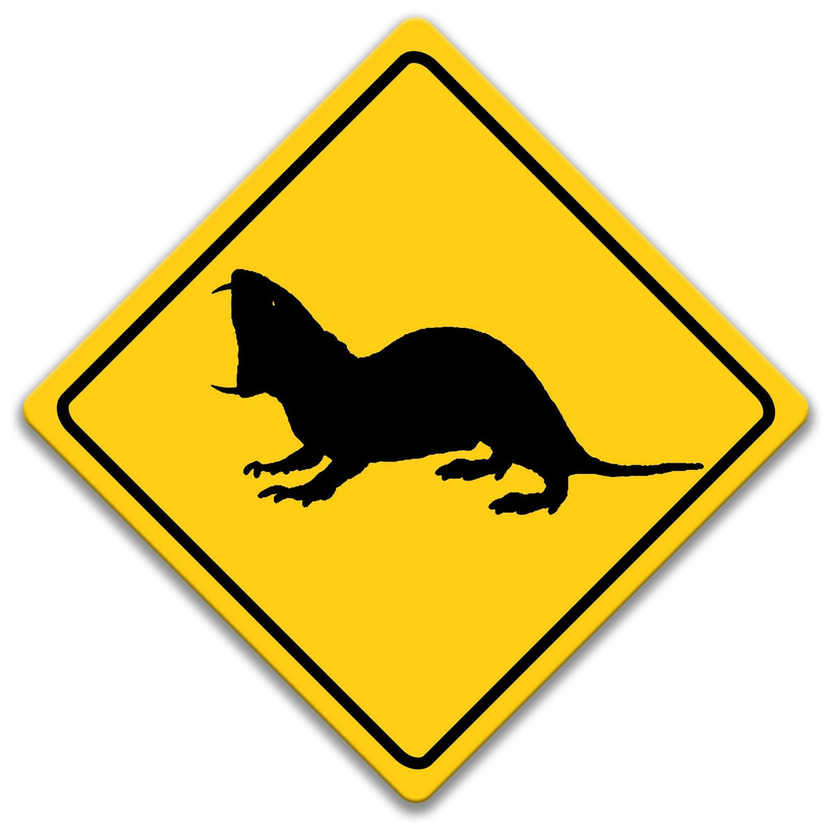 A yellow diamond-shaped road sign with a black silhouette of a rat or mouse.