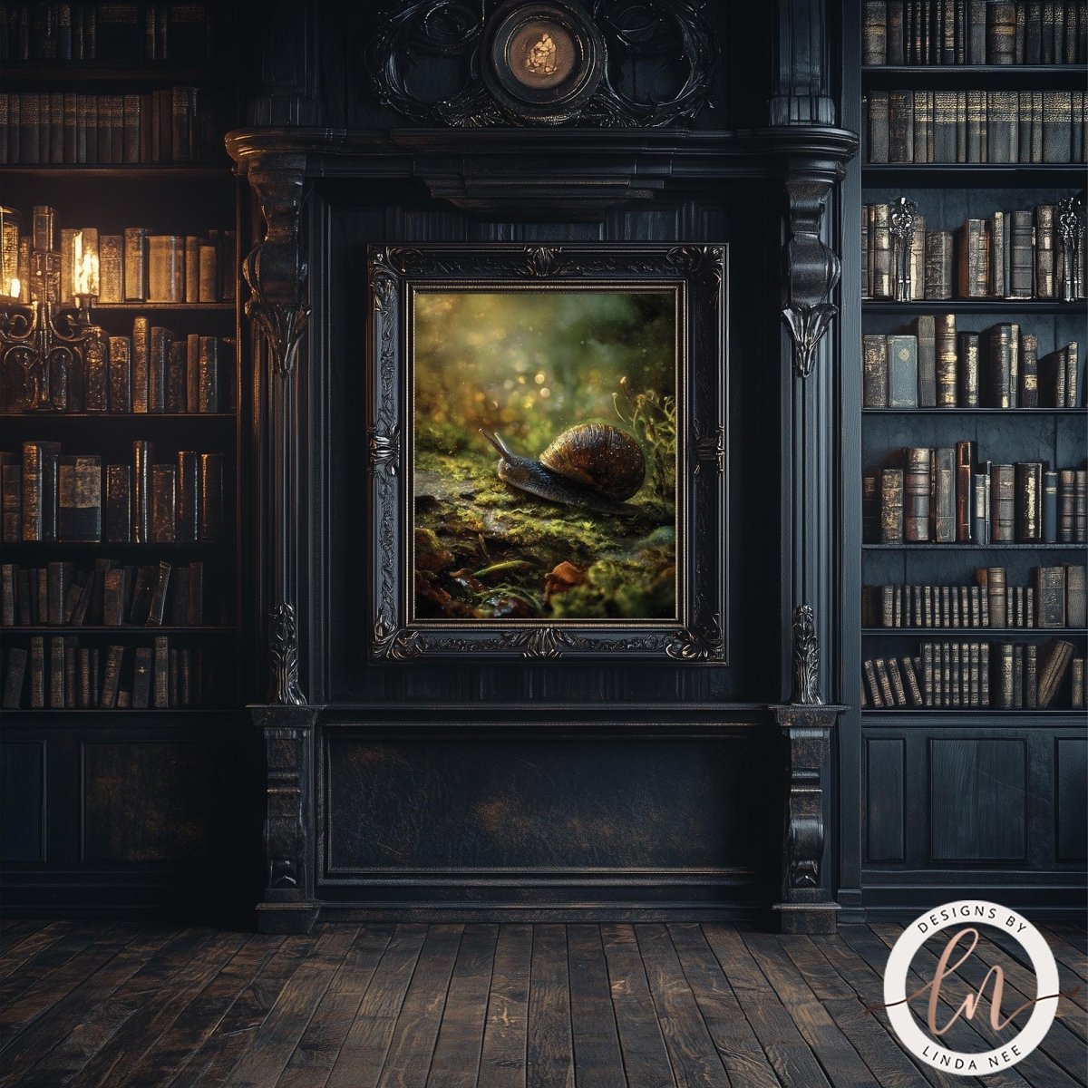 a dark, ornate room with a large bookshelf filled with books on the left side. In the center of the room, there is a framed painting of a snail on moss, which is the focal point of the scene.