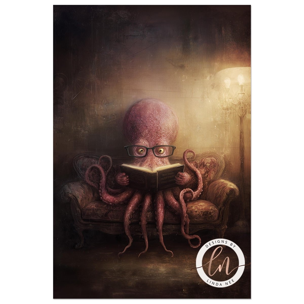 An octopus wearing glasses is sitting on a couch, reading a book.
