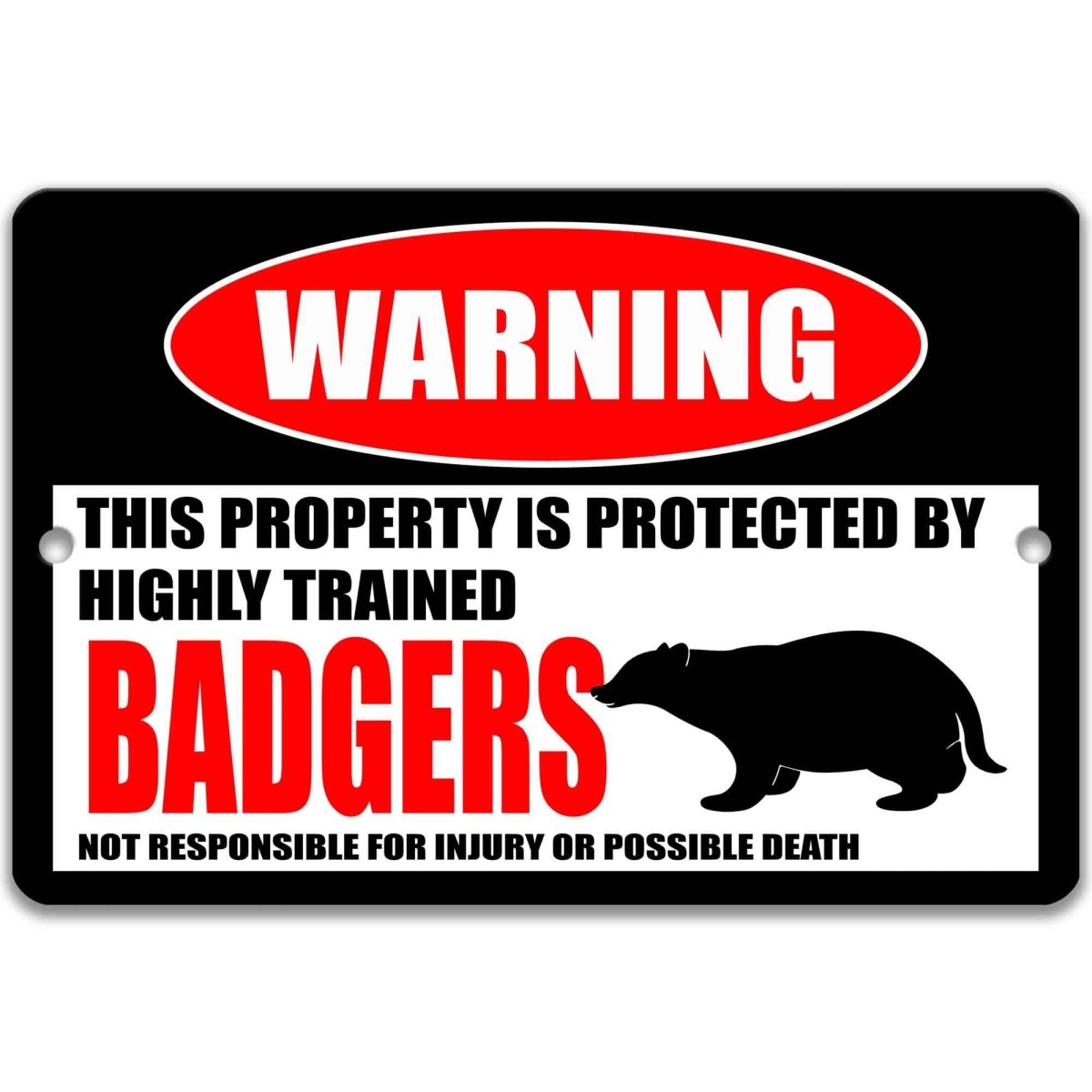 Badger warning metal sign, glossy black, red WARNING oval and low badger silhouette