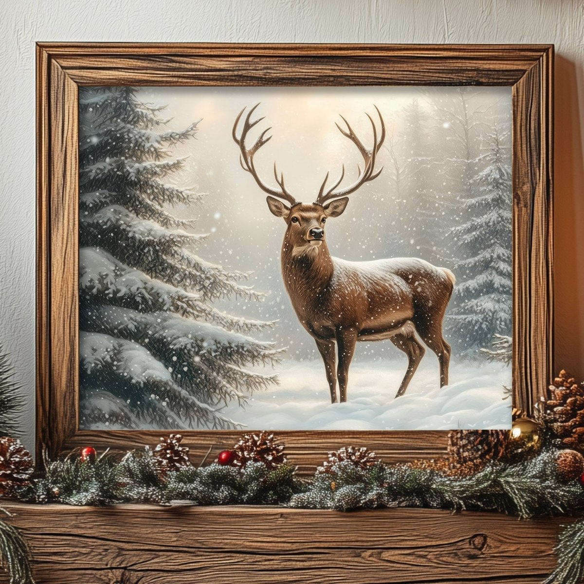 Brown deer with tall antlers standing in a snow covered winter forest