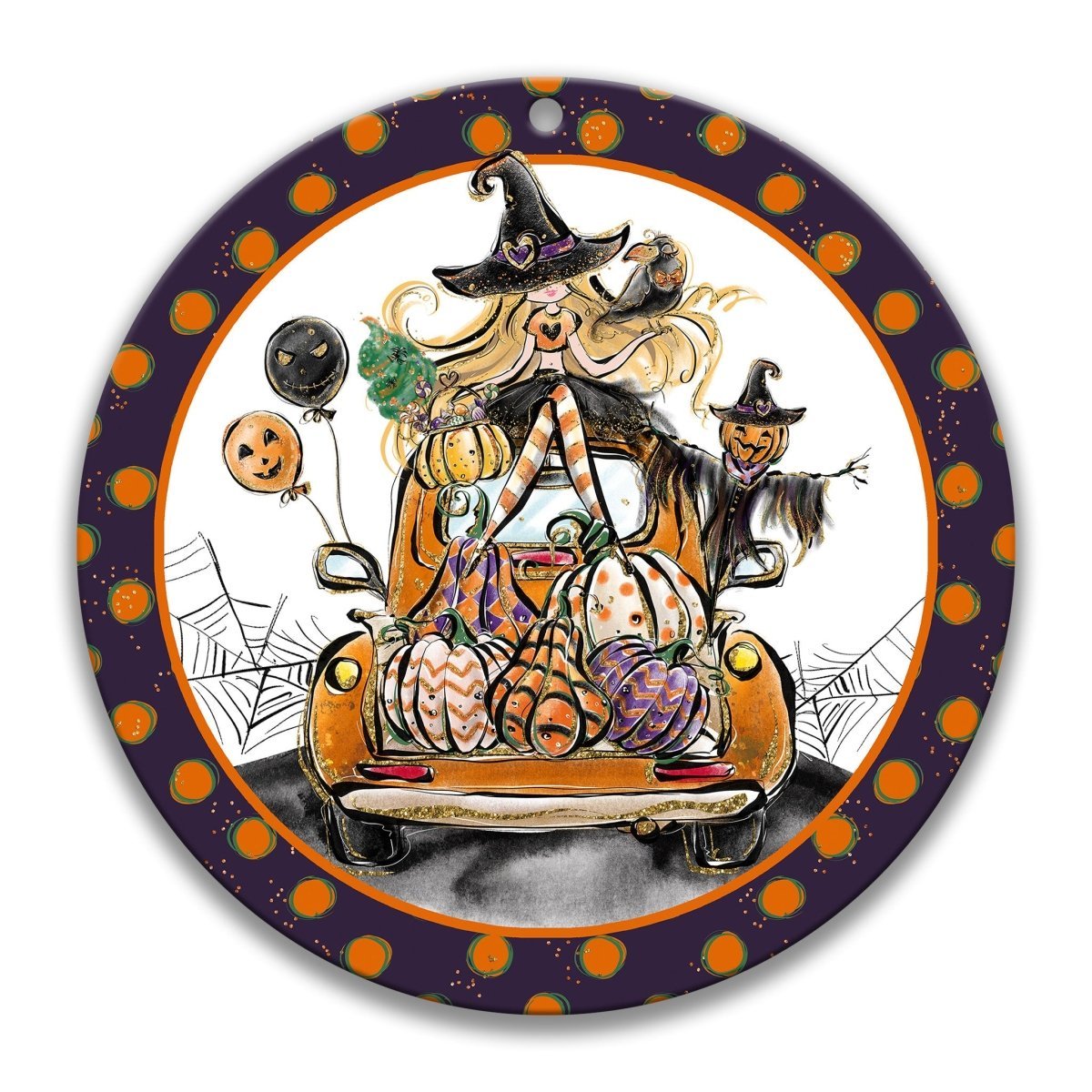 Cute Witch Pumpkin Metal Wreath Sign
