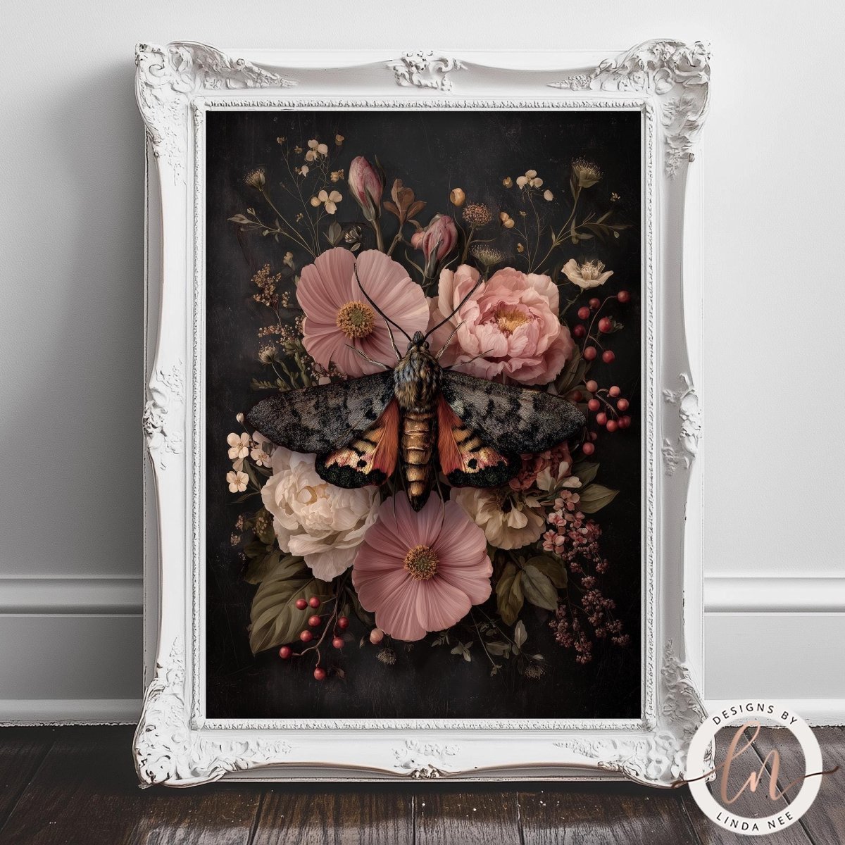 A framed print depicting a butterfly resting on a floral arrangement of pink and white flowers against a dark background.
