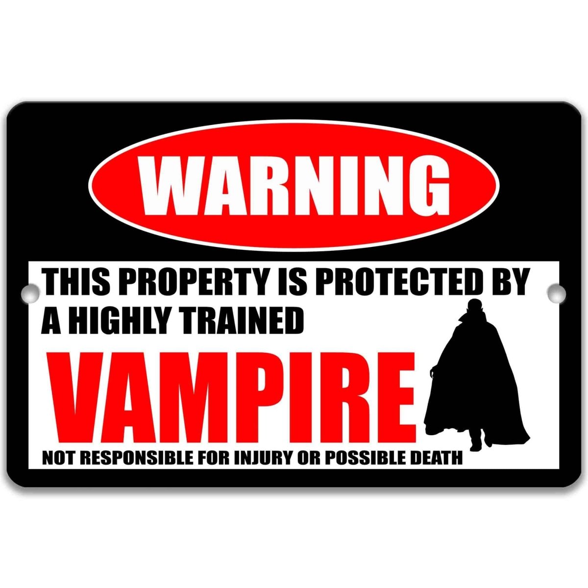 Vampire warning metal sign on glossy black, red WARNING oval and caped vampire silhouette