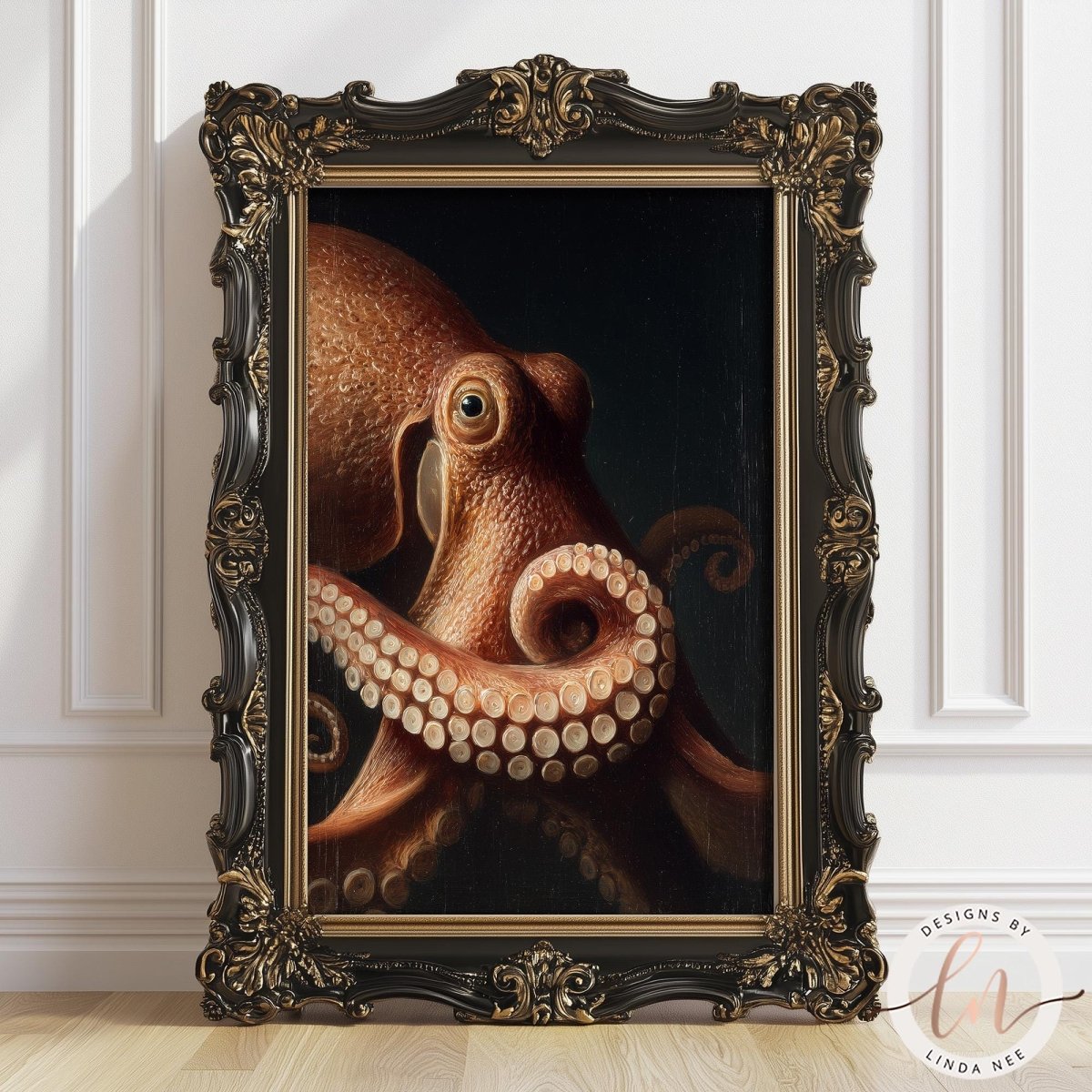 an octopus with its tentacles spread out, displayed in an ornate, gilded frame.