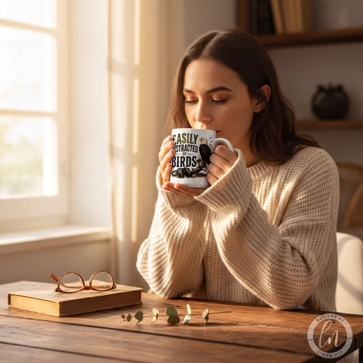 Woman in a cream sweater sipping from the bald eagle bird mug at a sunny wooden table with glasses and a book