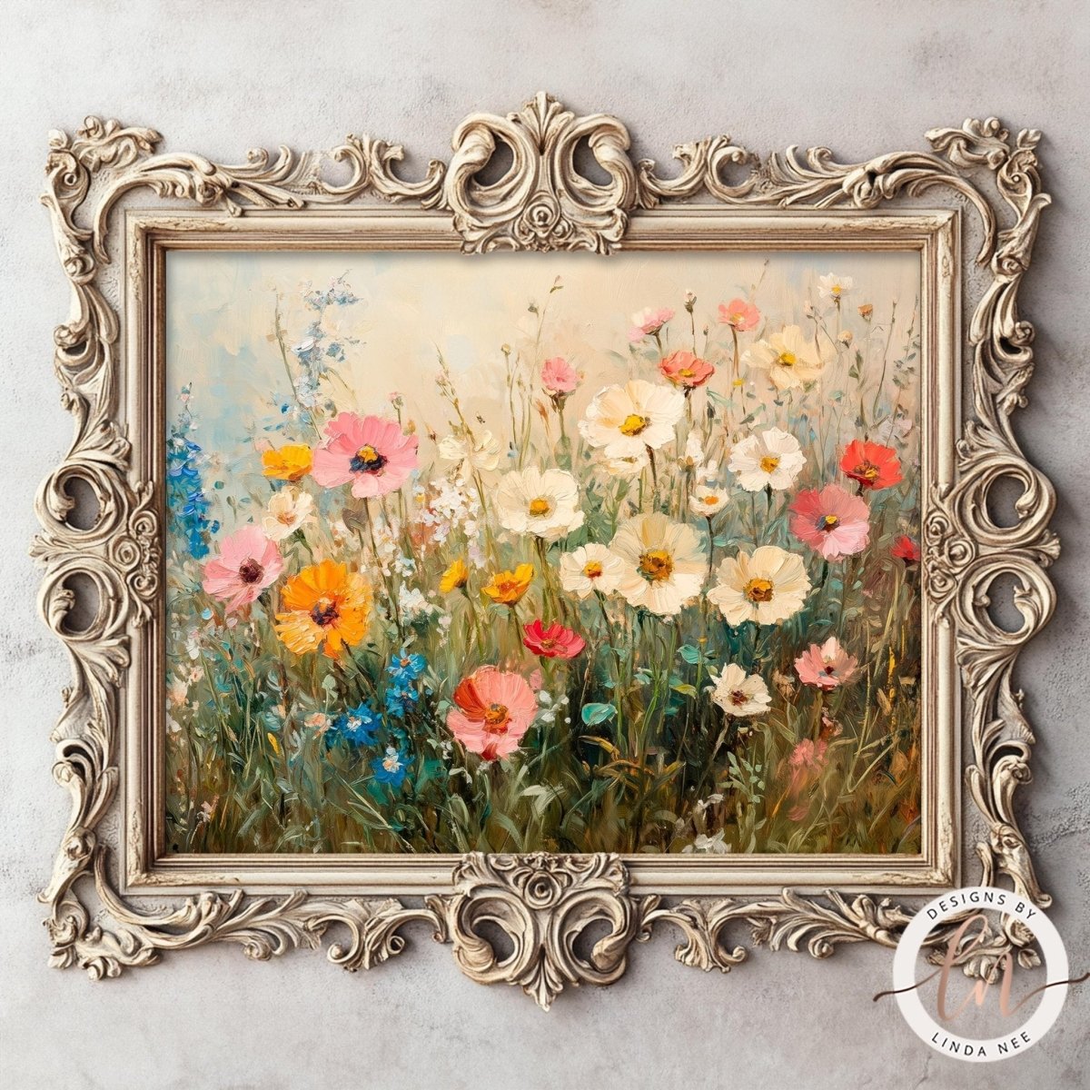 The image is a painting of a field of colorful flowers, including pink, white, and orange blooms, set against a pale background. The painting is framed in an ornate, decorative wooden frame.