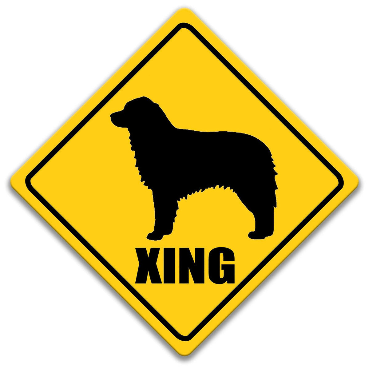 A yellow diamond-shaped sign with a black silhouette of a dog and the word "XING" below it.