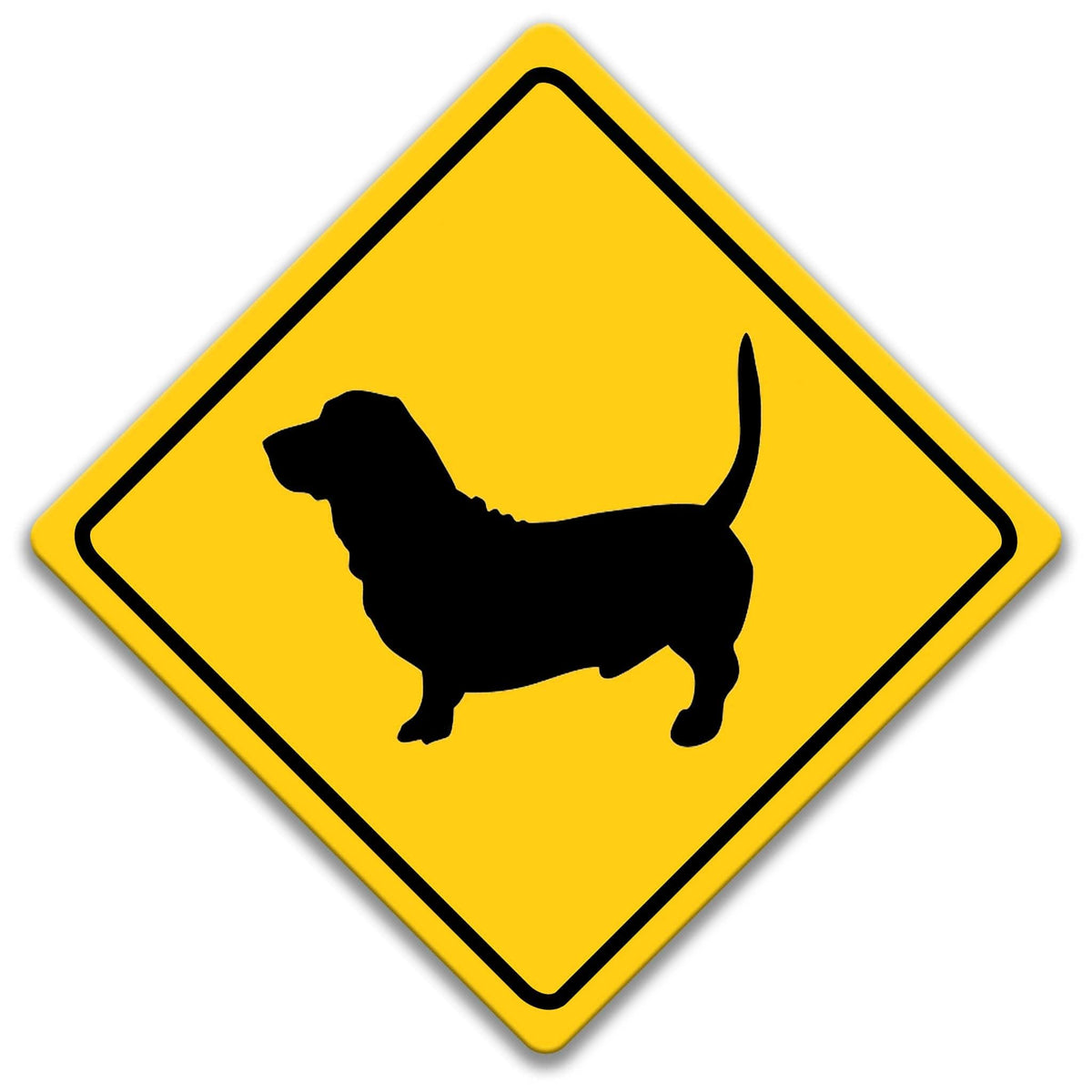 A yellow diamond-shaped road sign with a black silhouette of a dog in the center.