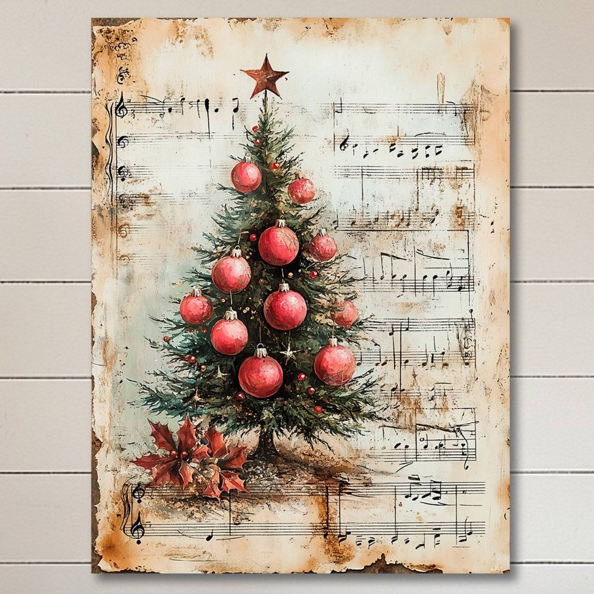 Christmas tree with red ornaments over vintage carol sheet music with a poinsettia