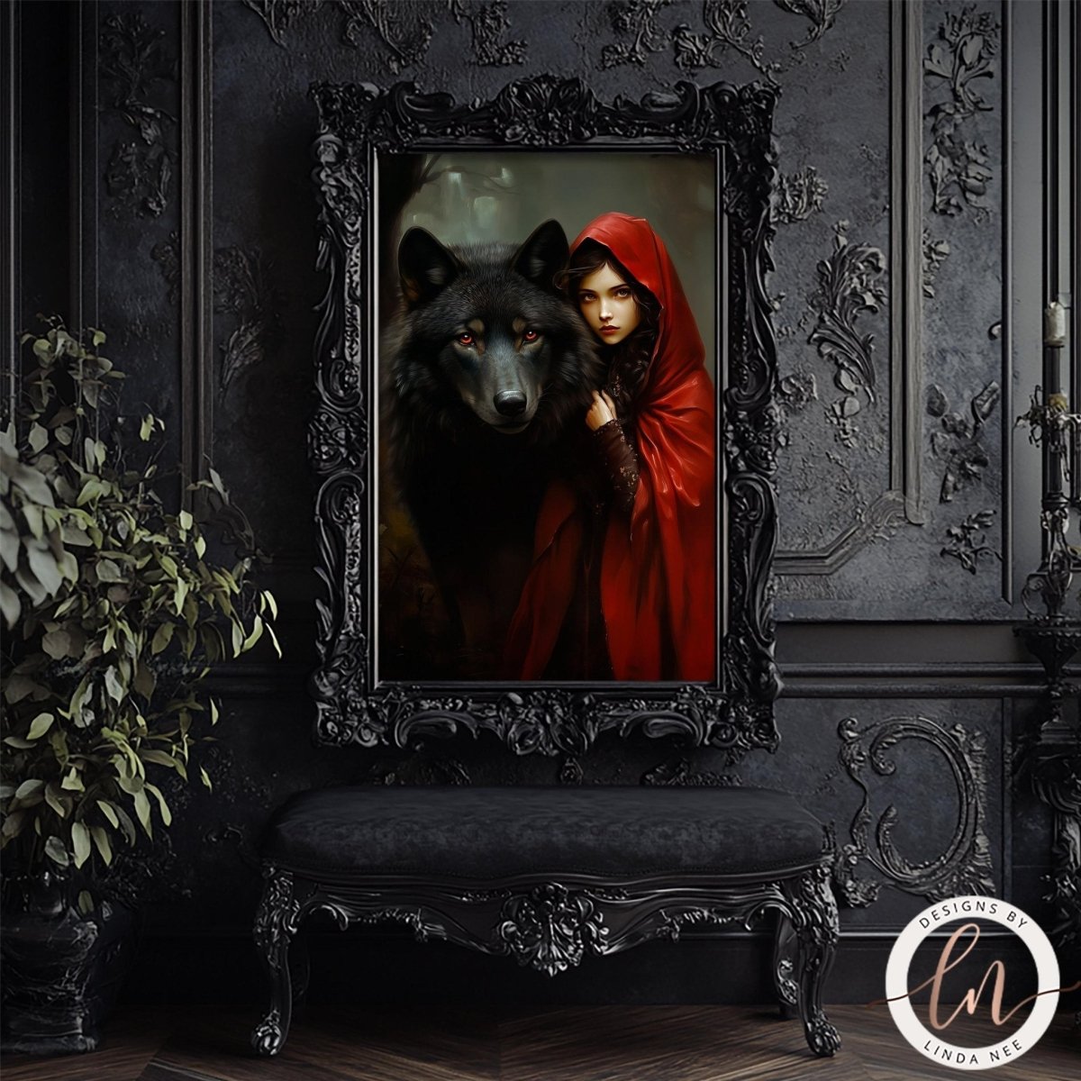 Wolf and hooded girl close portrait against a dark ornate wall