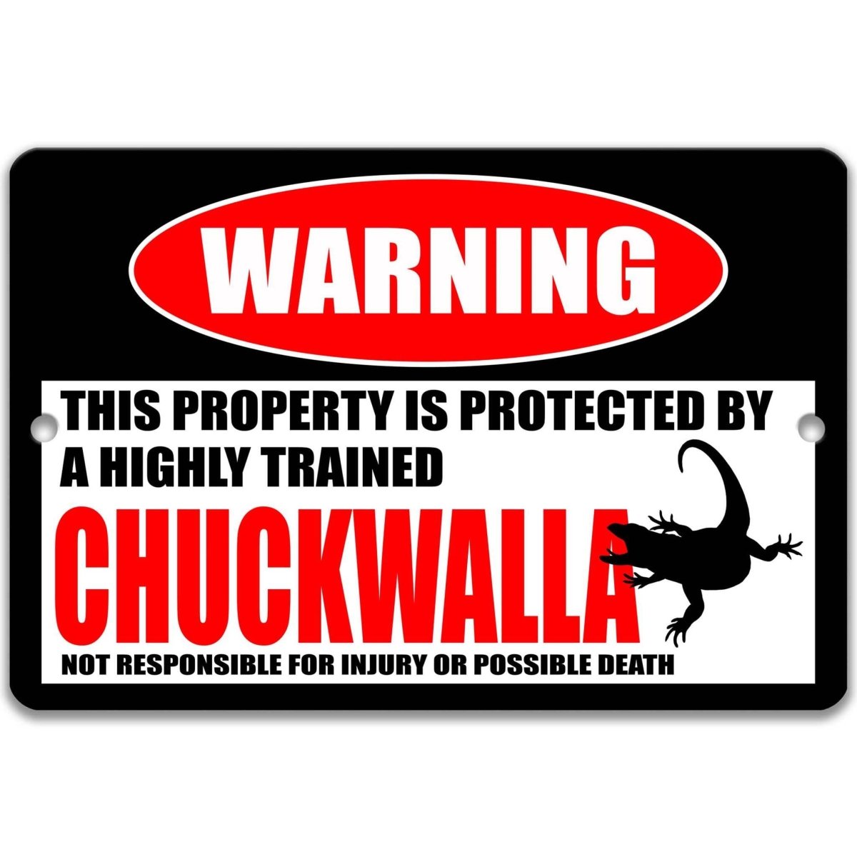 Chuckwalla warning metal sign, glossy black, red WARNING oval and chunky chuckwalla lizard silhouette