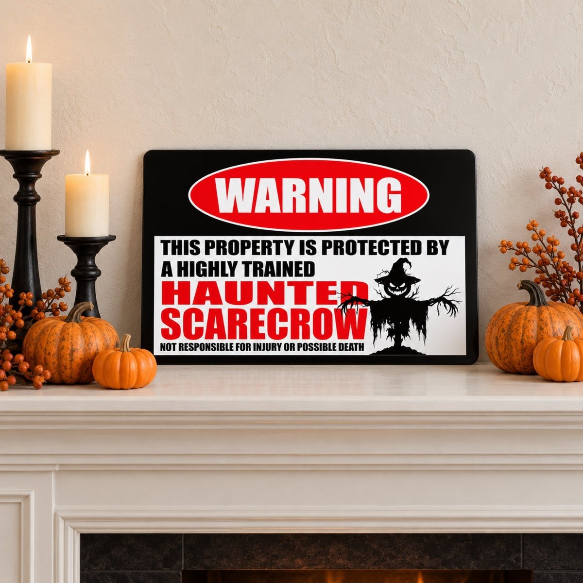 Haunted Scarecrow warning sign on a fireplace mantel
